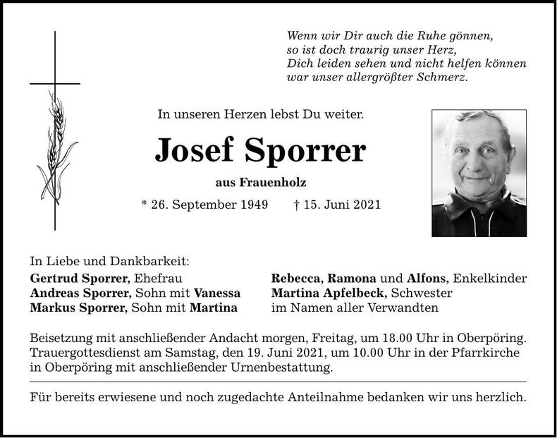 Traueranzeige Josef Sporrer