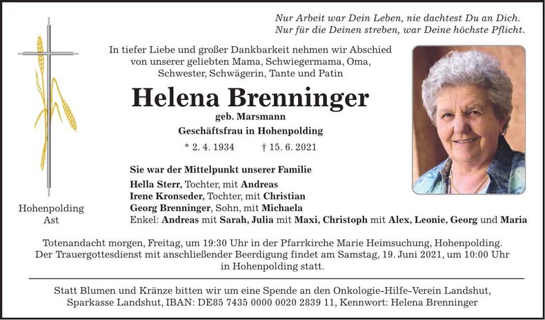 Traueranzeige Helena Brenninger