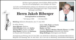 Traueranzeige Jakob Biberger