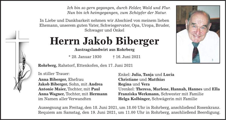 Traueranzeige Jakob Biberger