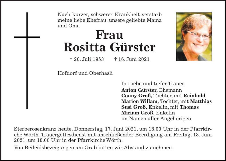 Traueranzeige Rositta Gürster