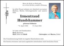 Traueranzeige Irmentraud Hundshammer
