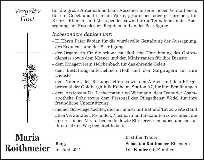 Traueranzeige Maria Roithmeier