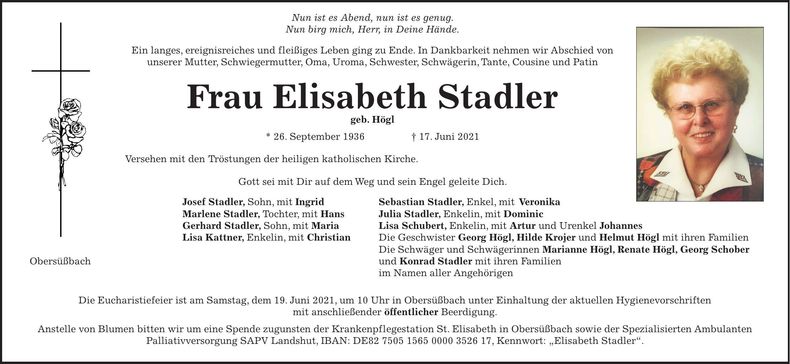 Traueranzeige Elisabeth Stadler