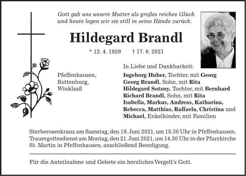 Traueranzeige Hildegard Brandl