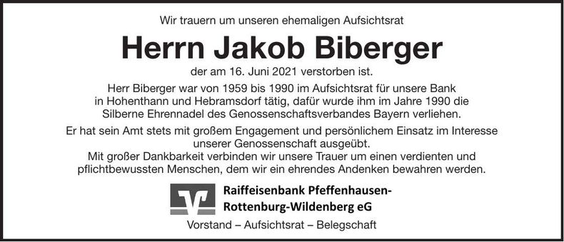 Traueranzeige Jakob Biberger