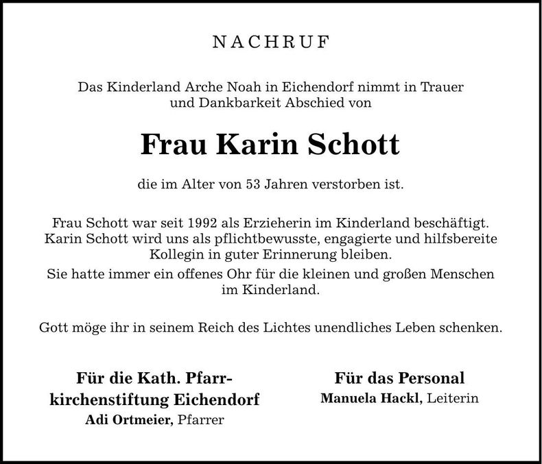 Traueranzeige Karin Schott