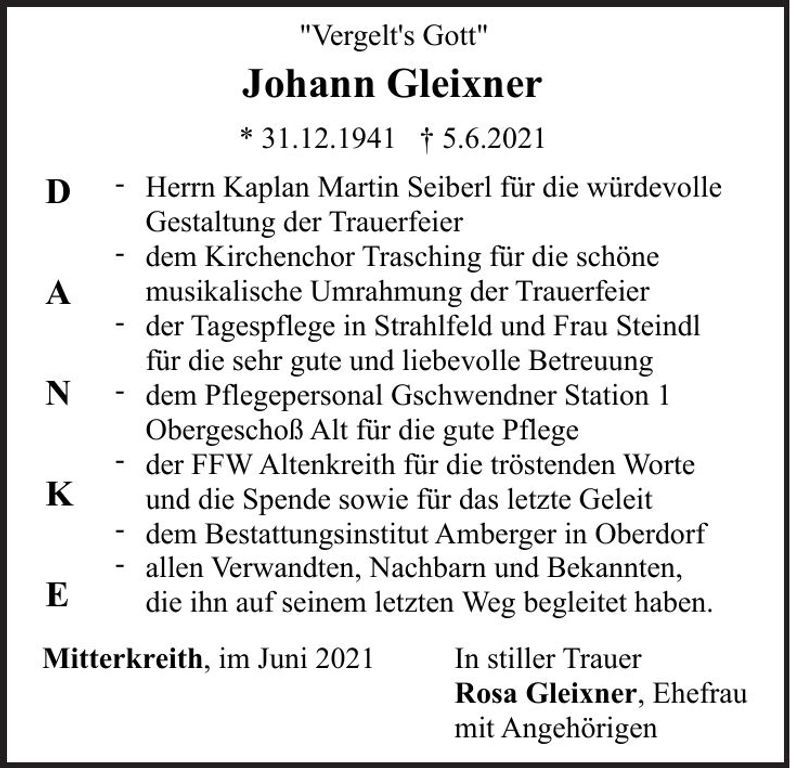 Traueranzeige Johann Gleixner