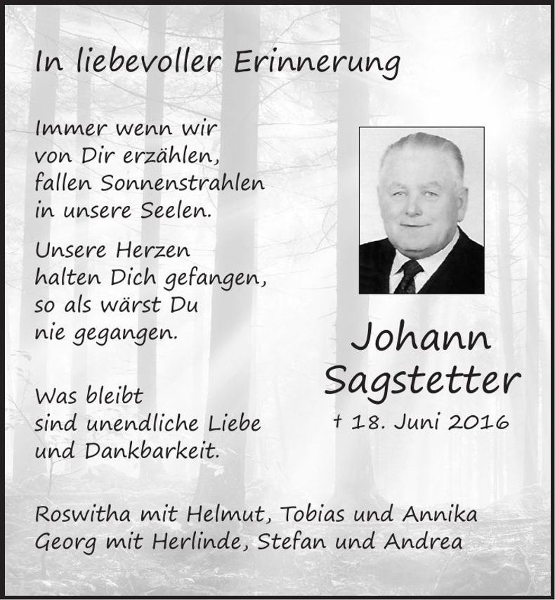 Traueranzeige Johann Sagstetter