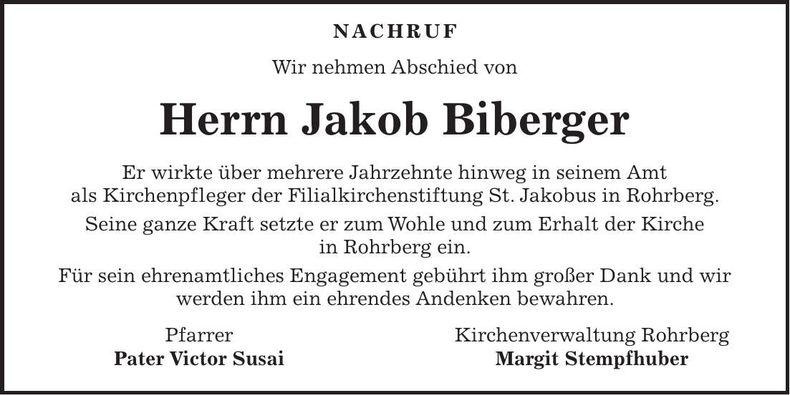 Traueranzeige Jakob Biberger