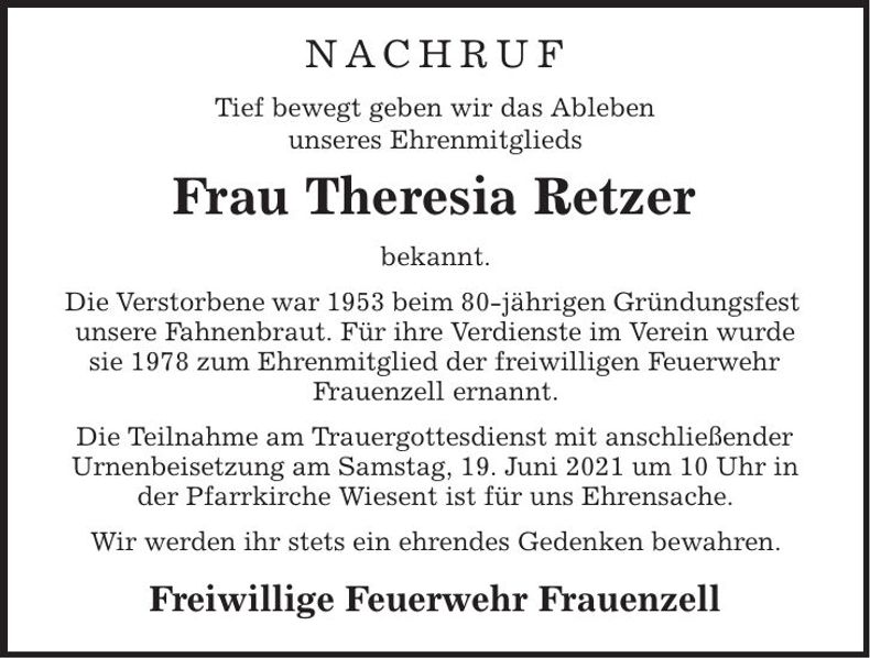 Traueranzeige Theresia Retzer