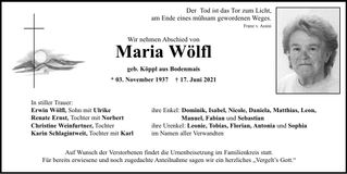 Traueranzeige Maria Wölfl