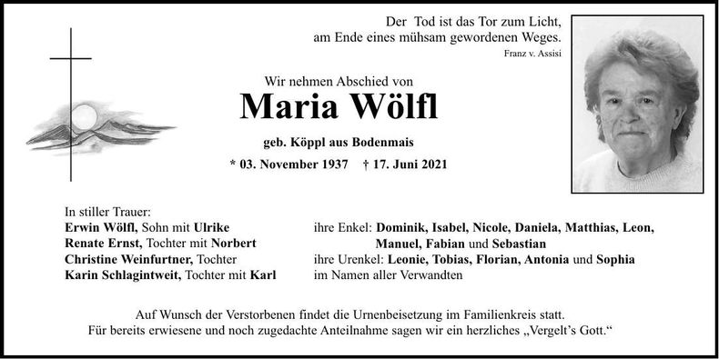 Traueranzeige Maria Wölfl