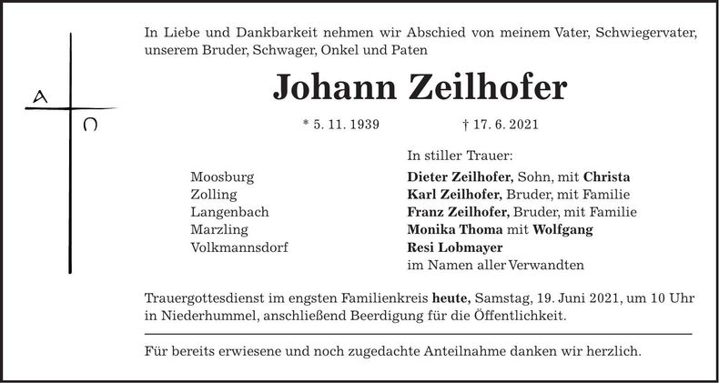 Traueranzeige Johann Zeilhofer