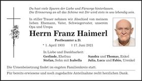 Traueranzeige Franz Haimerl