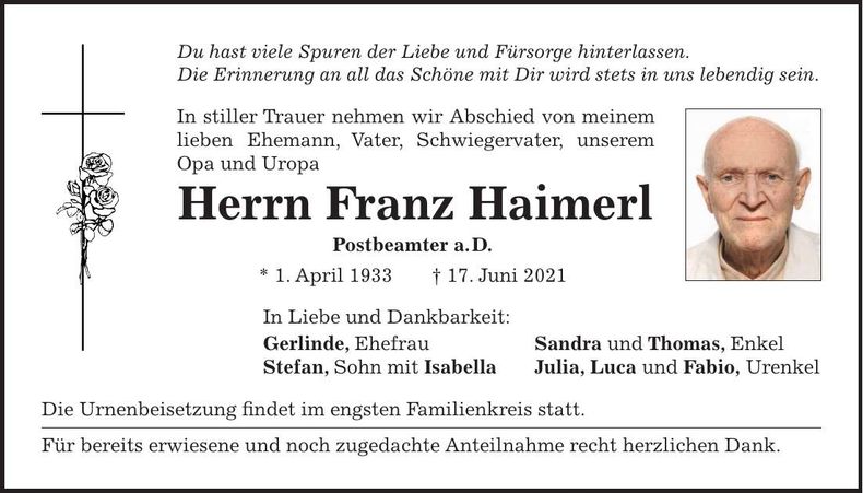 Traueranzeige Franz Haimerl