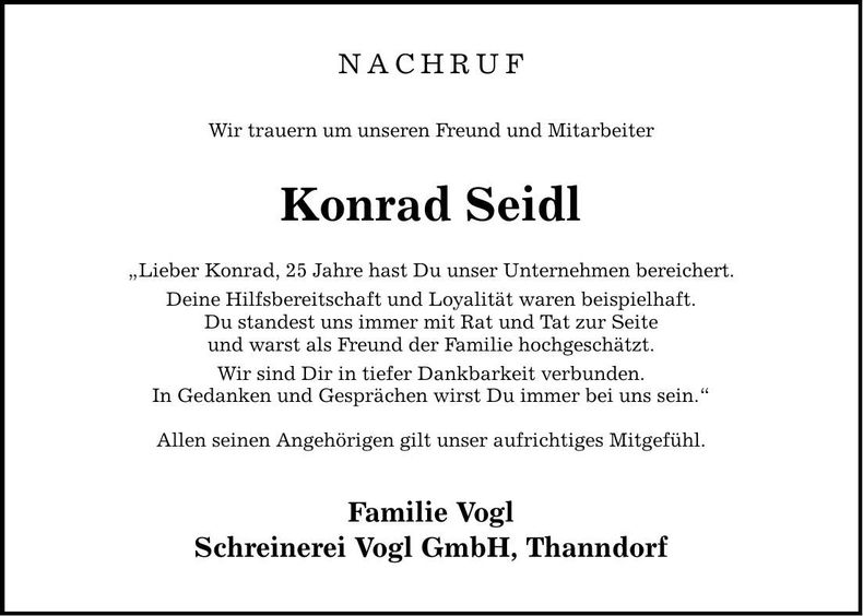 Traueranzeige Konrad Seidl