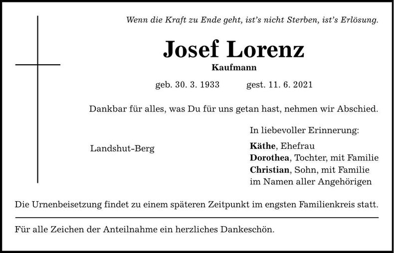 Traueranzeige Josef Lorenz