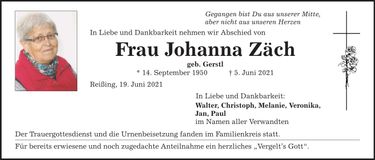 Traueranzeige Johanna Zäch