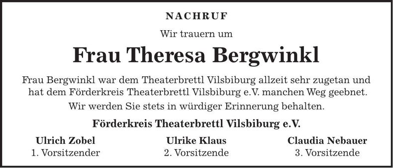 Traueranzeige Theresa Bergwinkl