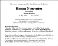 Traueranzeige Hanna Neureuter