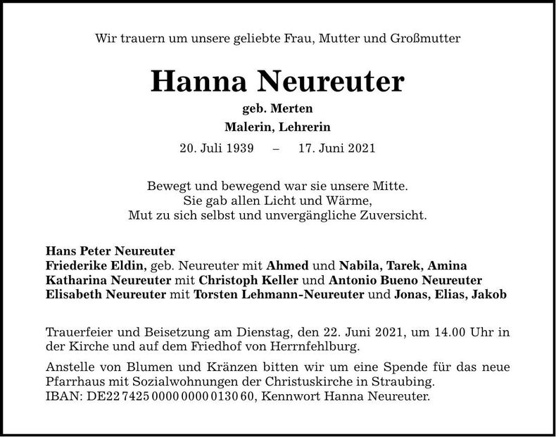 Traueranzeige Hanna Neureuter