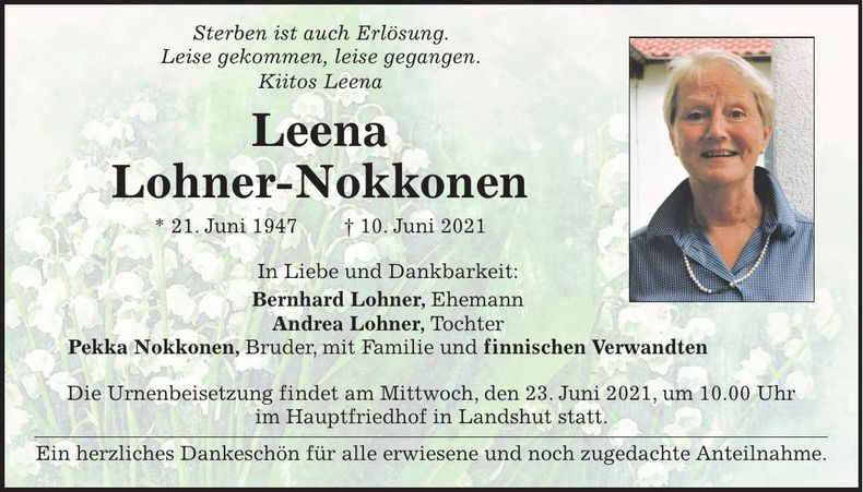 Traueranzeige Leena Lohner-Nokkonen