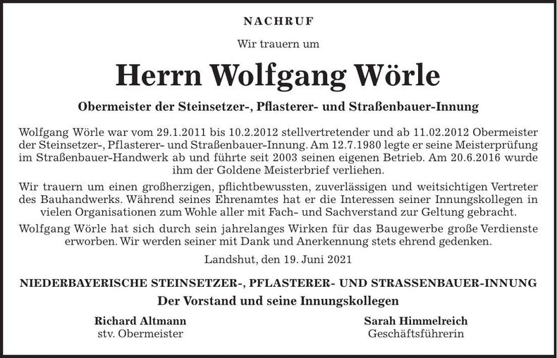 Traueranzeige Wolfgang Wörle