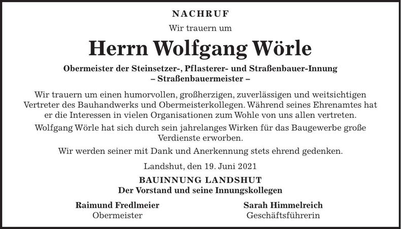 Traueranzeige Wolfgang Wörle
