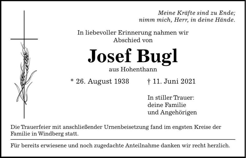 Traueranzeige Josef Bugl