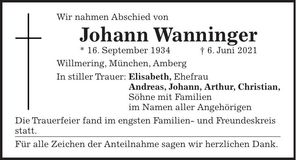 Traueranzeige Johann Wanninger