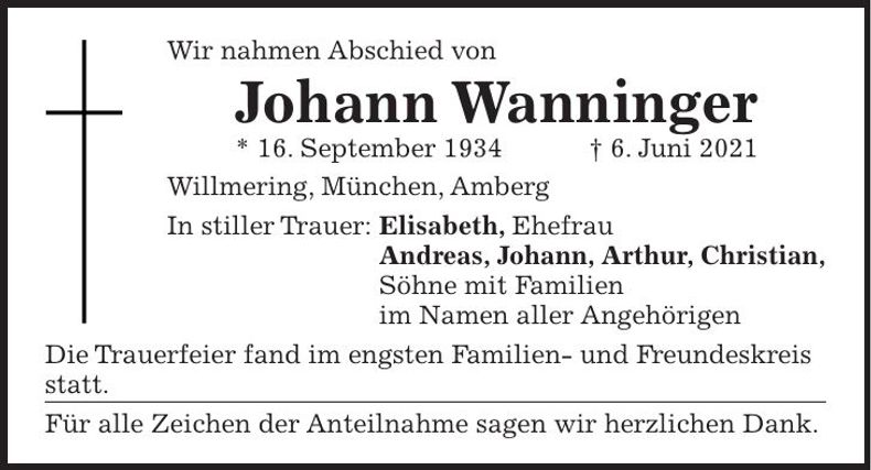 Traueranzeige Johann Wanninger