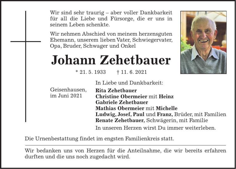 Traueranzeige Johann Zehetbauer