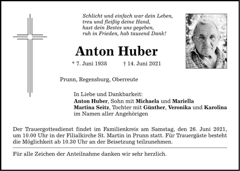Traueranzeige Anton Huber