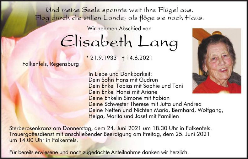 Traueranzeige Elisabeth Lang