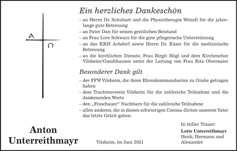 Traueranzeige Anton Unterreithmayr