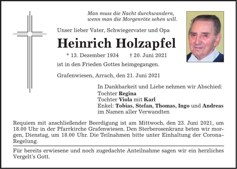 Traueranzeige Heinrich Holzapfel