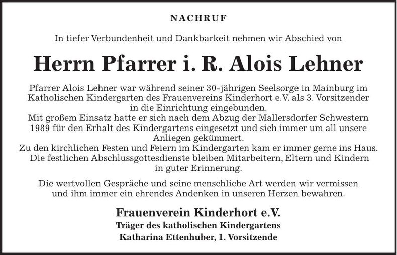 Traueranzeige Alois Lehner