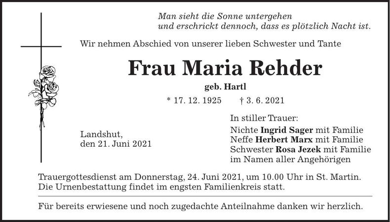 Traueranzeige Maria Rehder