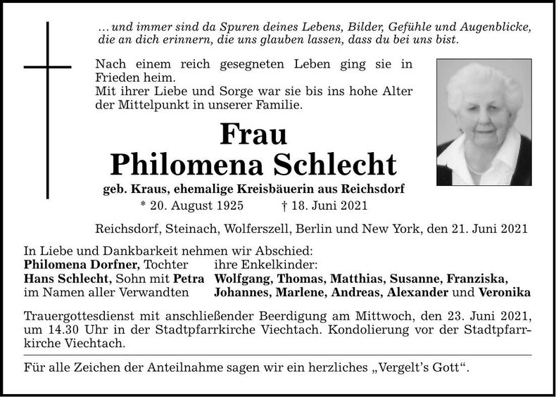 Traueranzeige Philomena Schlecht