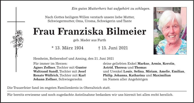 Traueranzeige Franziska Bilmeier