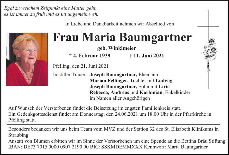 Traueranzeige Maria Baumgartner