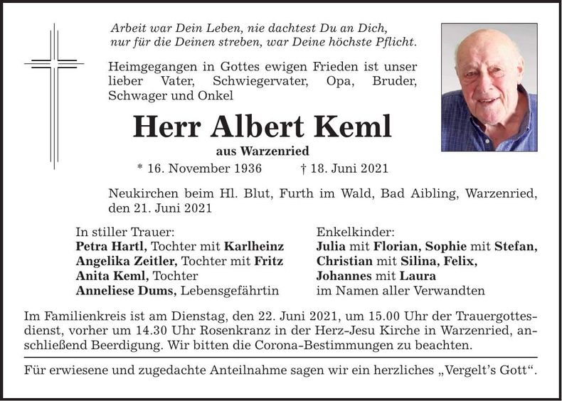 Traueranzeige Albert Keml