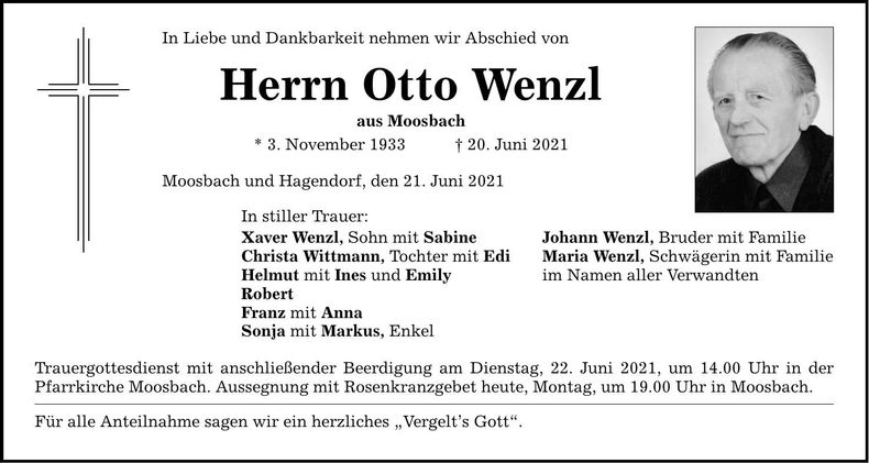 Traueranzeige Otto Wenzl