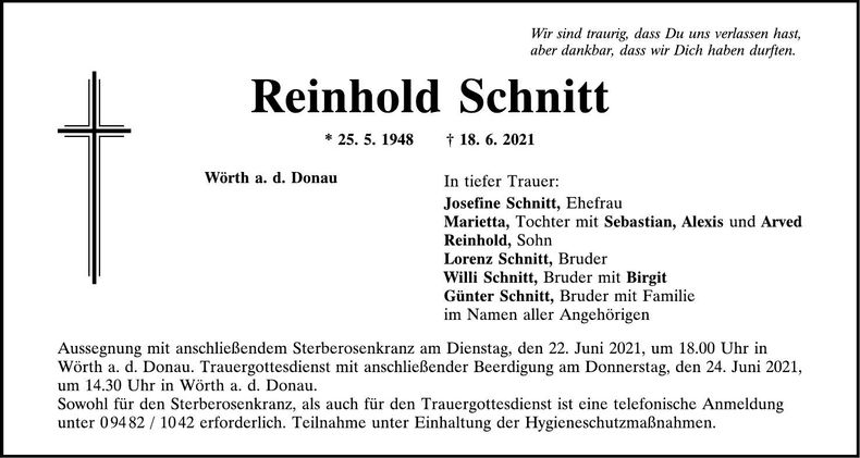 Traueranzeige Reinhold Schnitt