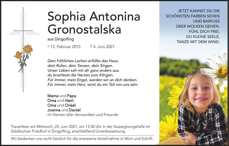 Traueranzeige Sophia Antonia Gronostalska