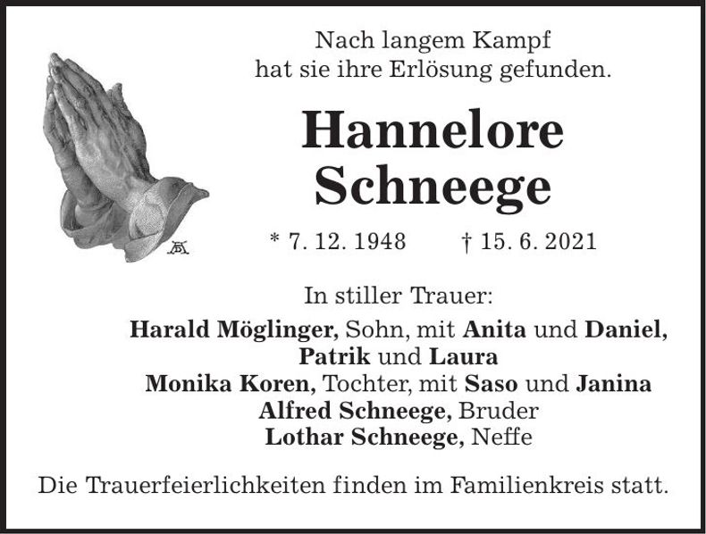 Traueranzeige Hannelore Schneege