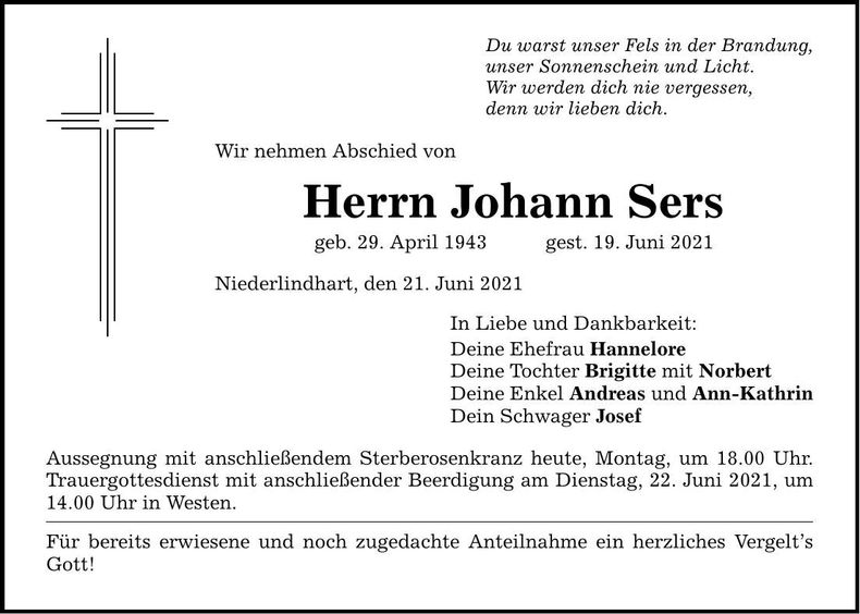 Traueranzeige Johann Sers