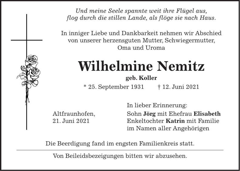 Traueranzeige Wilhelmine Nemitz