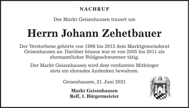 Traueranzeige Johann Zehetbauer